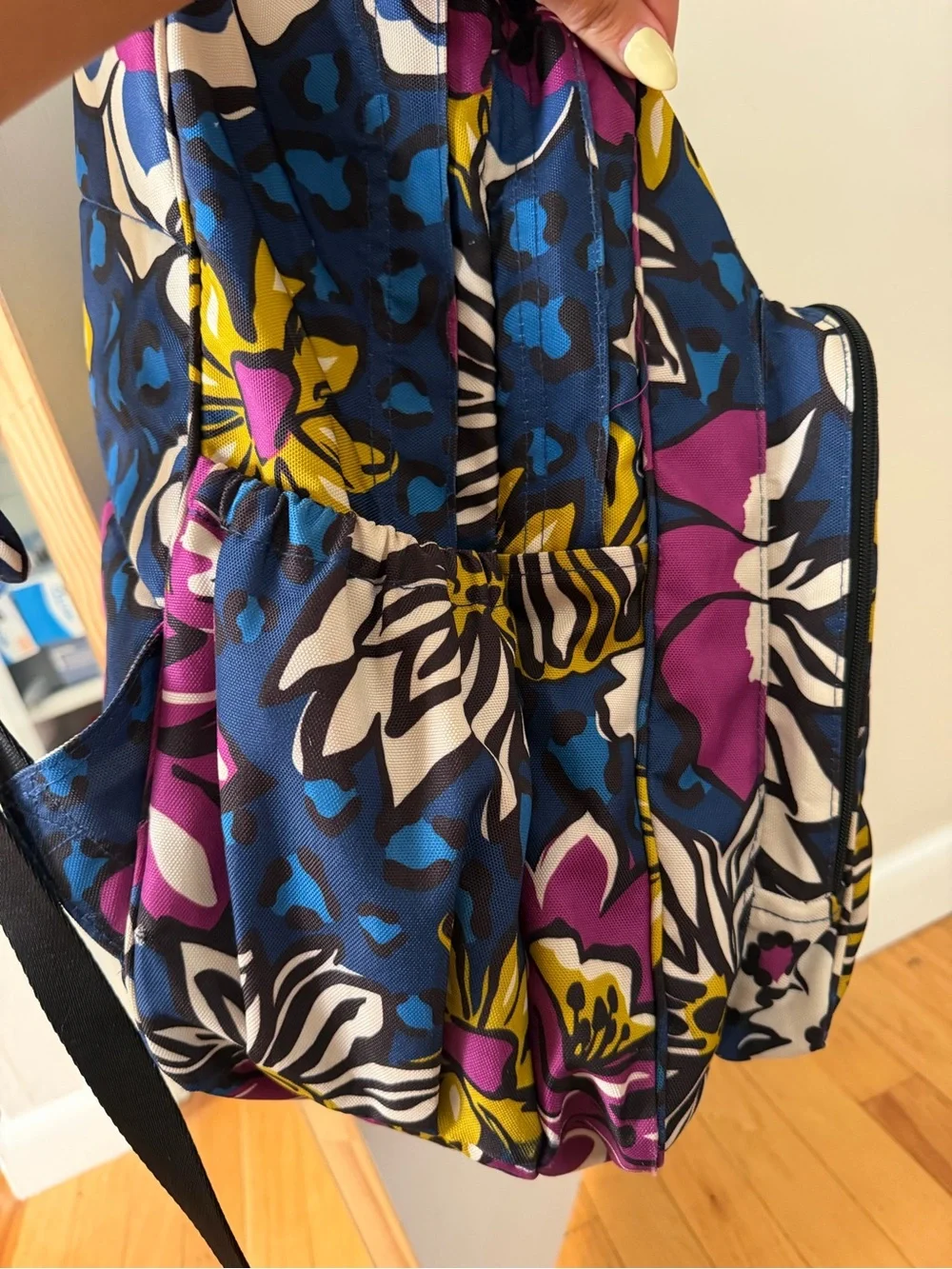 Waterproof Vera Bradley Navy Floral Print Backpack with Purple & Yellow Accents